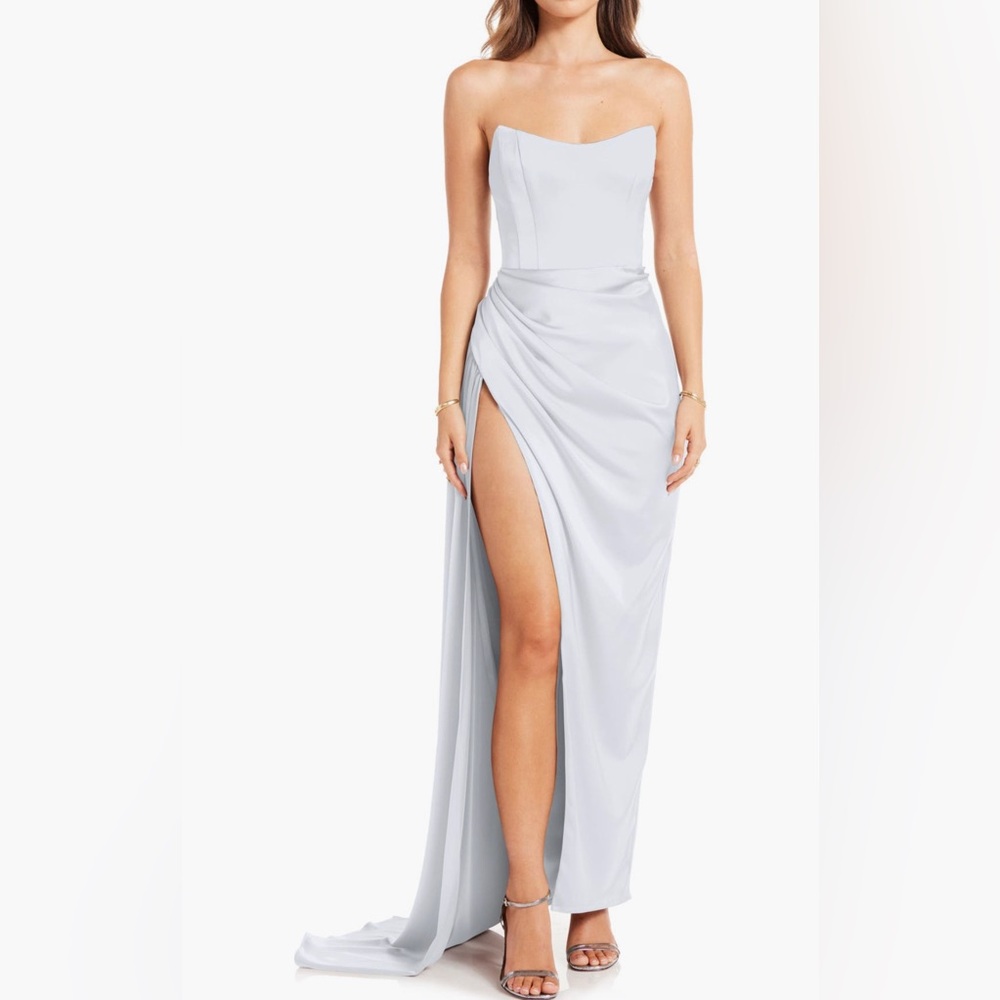 Celestial blue strapless satin gown with high slit. Nordstrom by Katie May